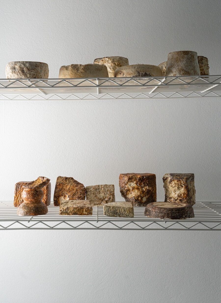 Grown pieces curing on wire shelving