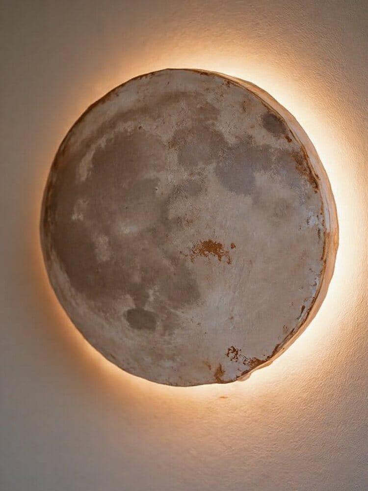 A grown mycelium moon lamp lit against a wall